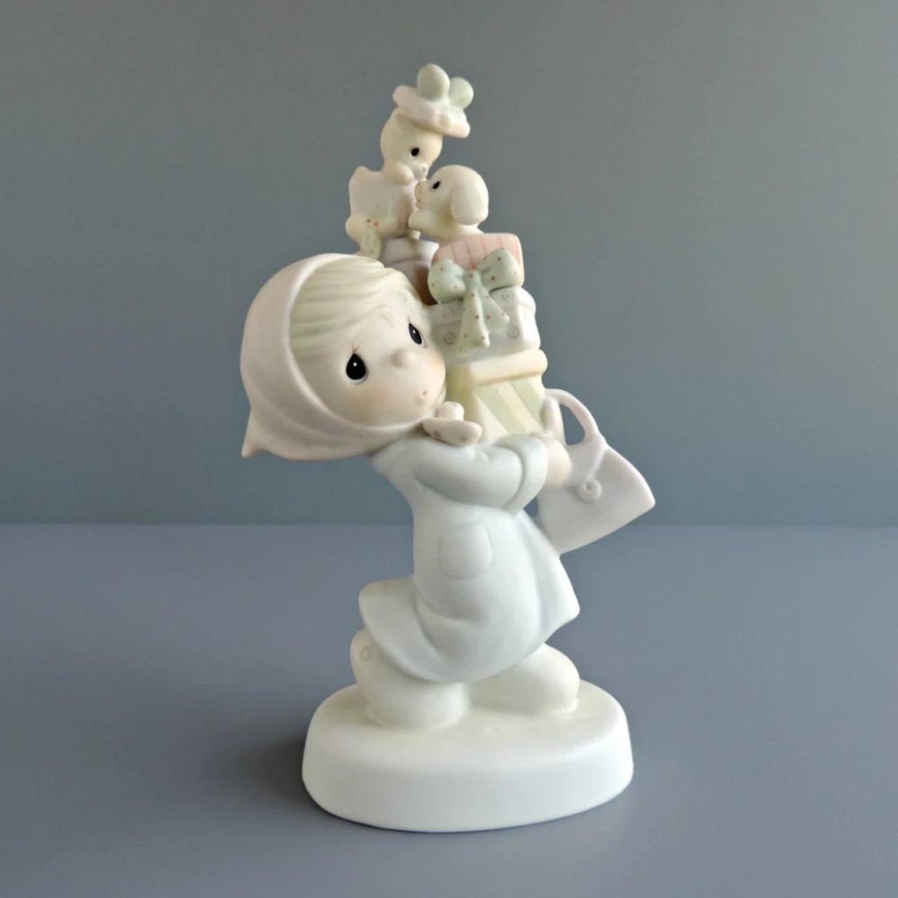 Precious Moments "Bundles of Joy" Christmas Figurine E-2374 Girl Cat Dog Retired
